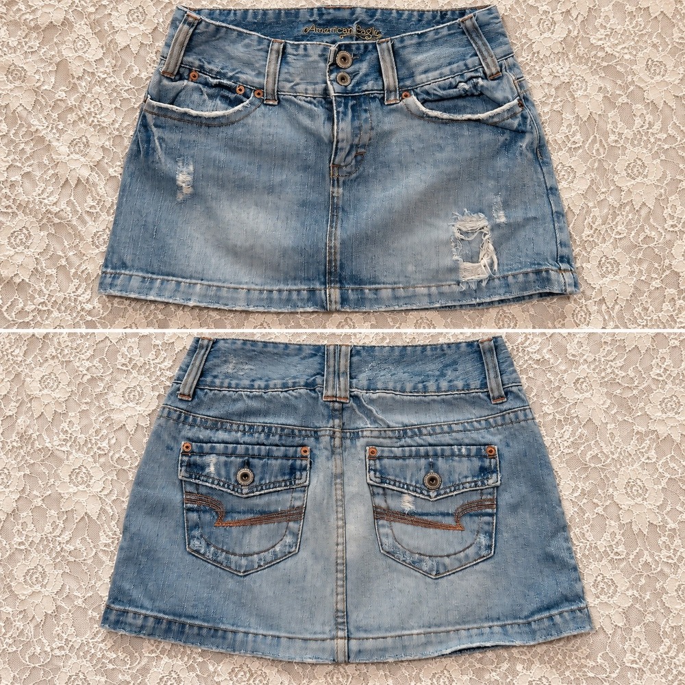 Y2K American Eagle Distressed Denim Mini Skirt Boho 4 2000s McBling Indie Sleaze